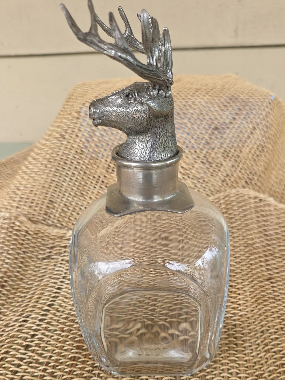 Pottery Barn Figural Stag Deer Head Decanter Blown Glass Pewter